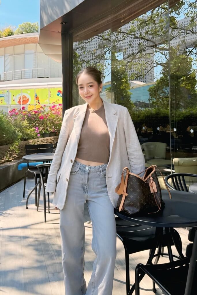Oversized Beige Blazer + Brown Crop Top + Light Wash Jeans