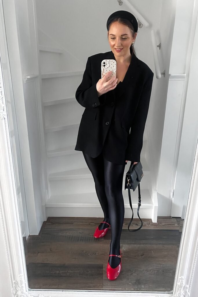 Oversized Black Blazer + Black Opaque Tights + Red Patent Leather Mary Janes