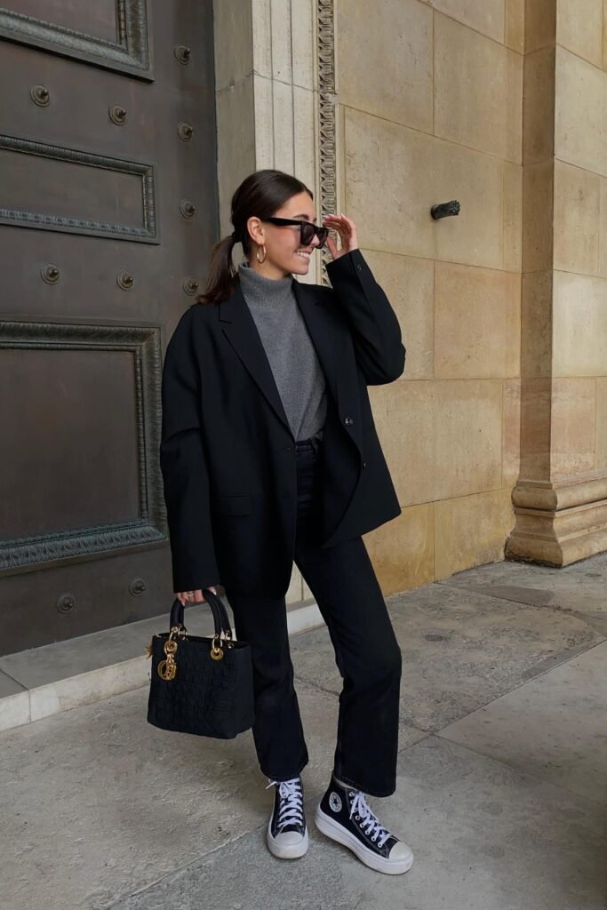Oversized Black Blazer + Grey Turtleneck + Black Straight-Leg Jeans + Black and White High-Top Sneakers