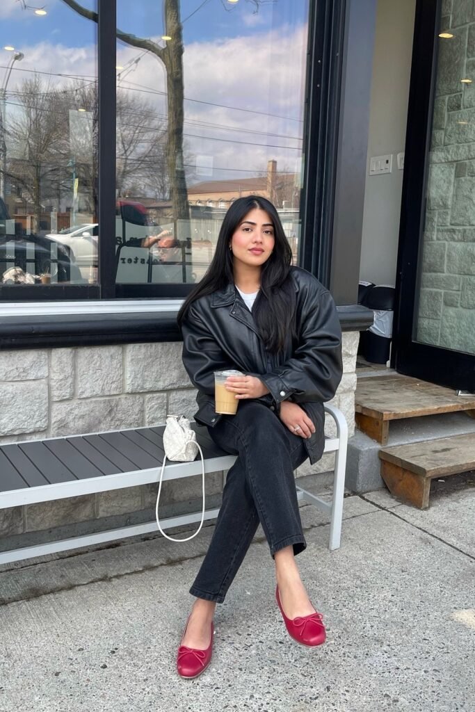 Oversized Black Leather Jacket + Black Straight Leg Jeans + Red Bow Ballet Flats