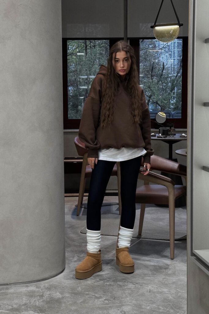 Oversized Brown Hoodie + Layered White Tee + Black Leggings + White Leg Warmers + Tan Platform Boots