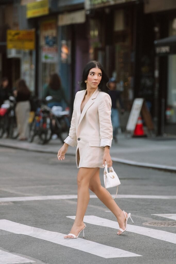 Oversized Cream Blazer Dress + White Micro Bag + White Strappy Heeled Sandals