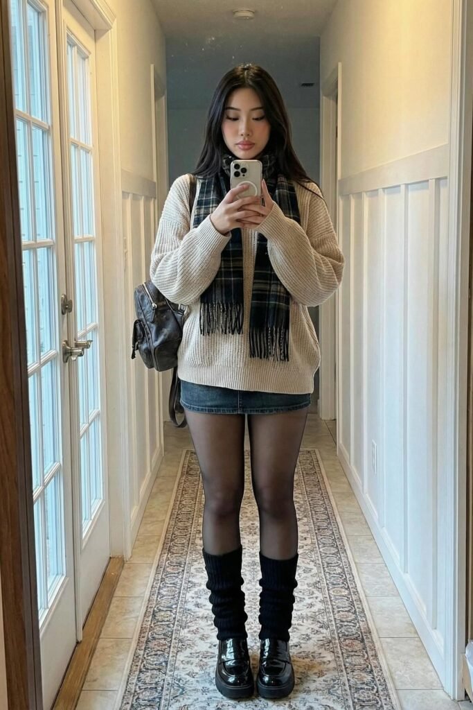Oversized Cream Knit Sweater + Denim Mini Skirt + Black Sheer Tights + Black Loafers