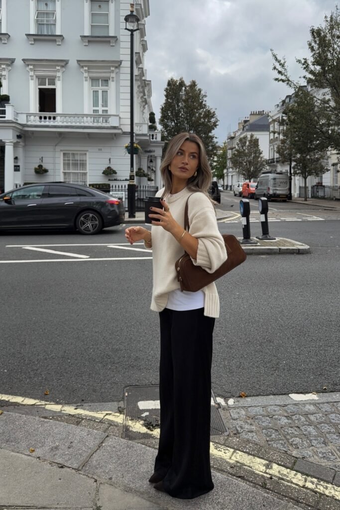 Oversized Cream Ribbed Sweater + White Undershirt + Black Wide Leg Trousers + Brown Leather Shoulder Bag