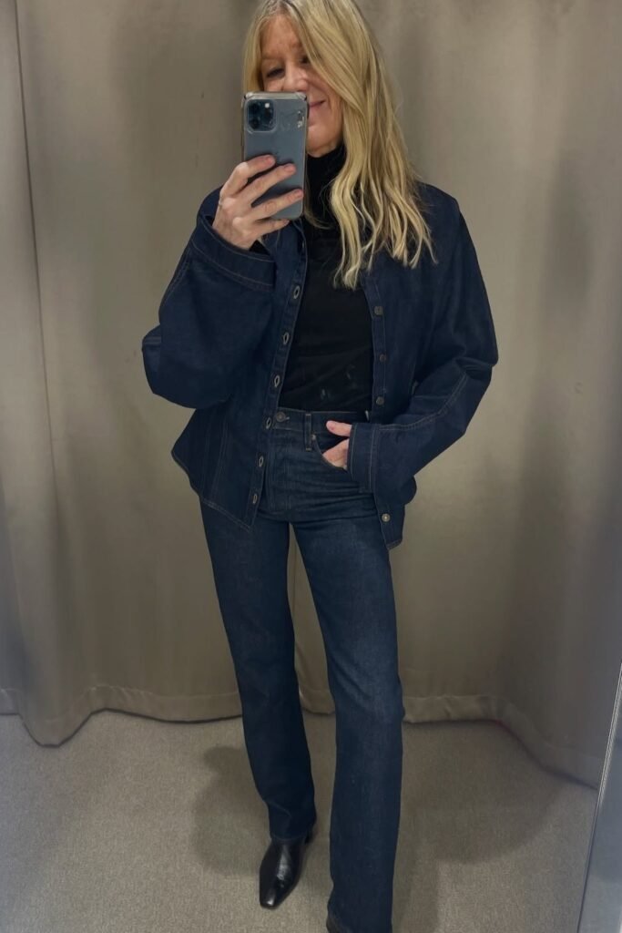 Oversized Dark Denim Shirt + Black Turtleneck + Matching Dark Wash Straight Jeans + Black Square-Toe Boots