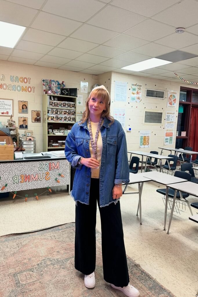 Oversized Denim Shirt + Cream Top + Black Wide-Leg Trousers + White Sneakers