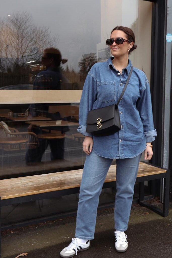 Oversized Denim Shirt + Straight Leg Blue Jeans + White Adidas Samba Sneakers