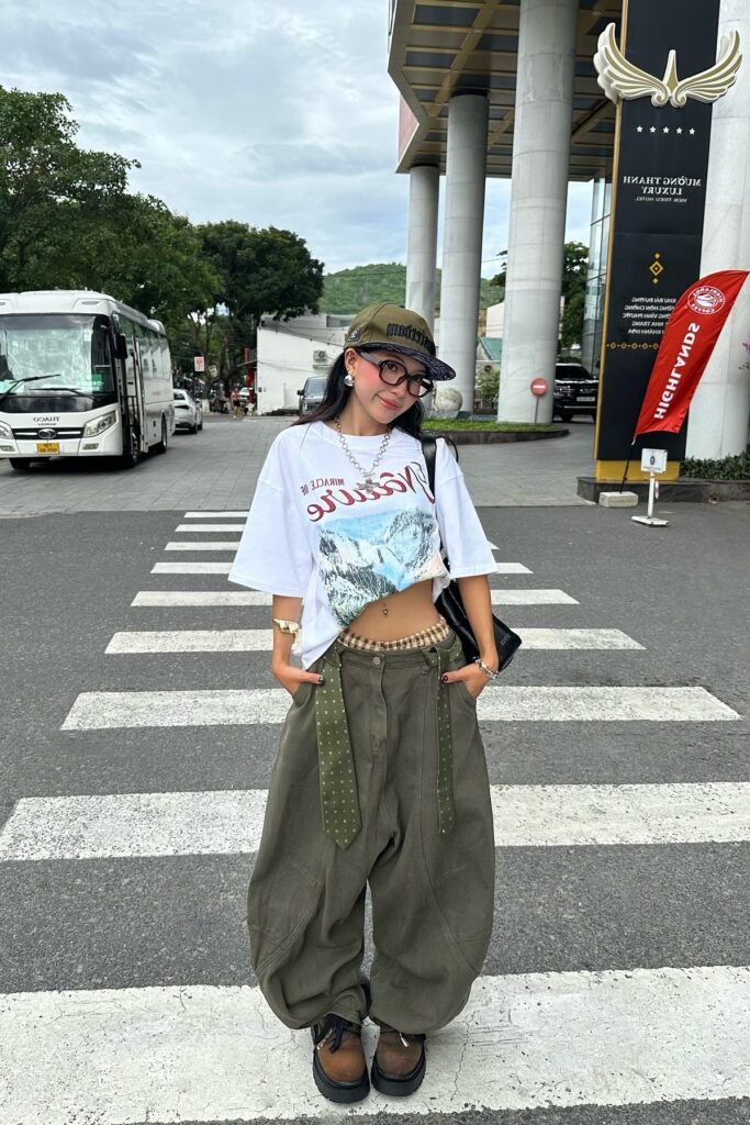 Oversized Graphic T-Shirt + Ultra Baggy Olive Cargos + Brown Platform Shoes