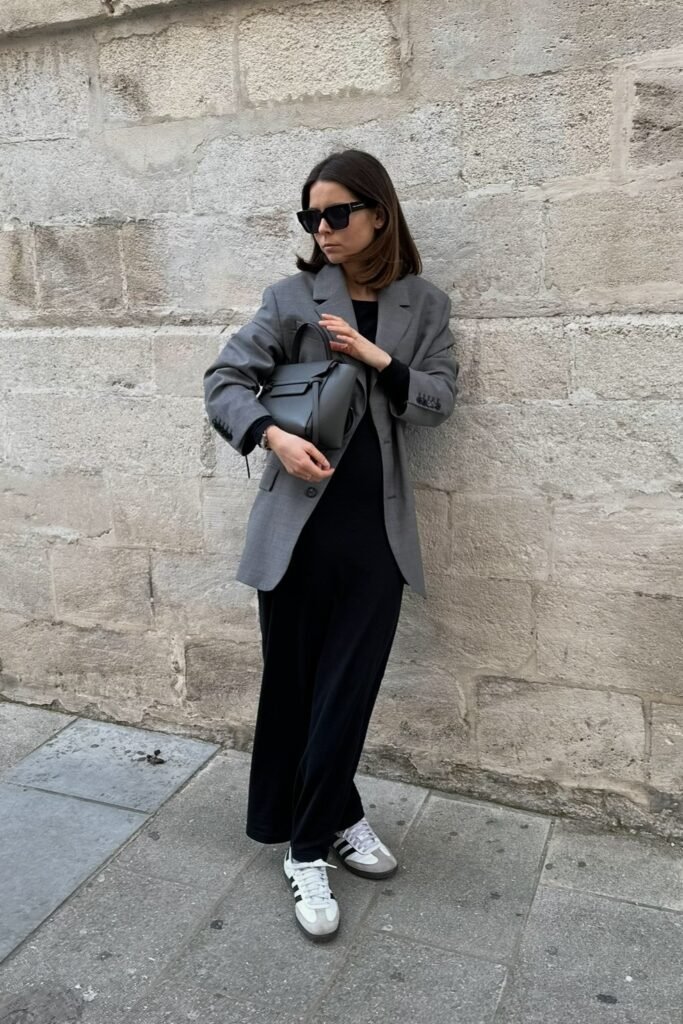 Oversized Grey Blazer + Black Maxi Dress + Adidas Samba Sneakers