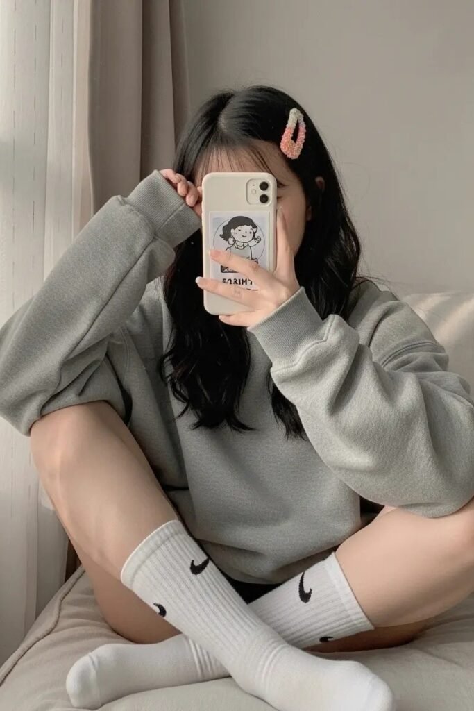 Oversized Grey Sweatshirt + Black Shorts + White Crew Socks