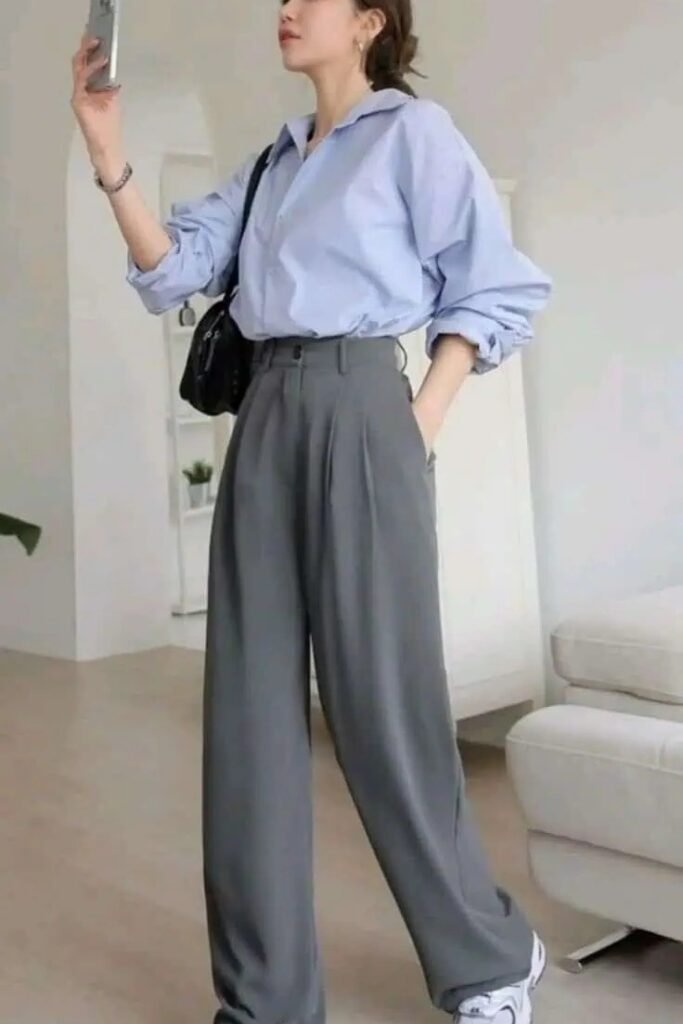 Oversized Light Blue Shirt + Grey Wide-Leg Trousers + White Athletic Sneakers