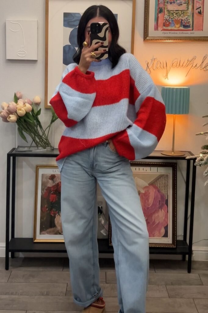 Oversized Light Blue and Red Striped Sweater + Light Wash Wide Leg Jeans + Tan Mules