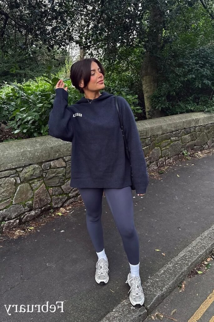 Oversized Navy Knit Hoodie + Dark Grey Leggings + White Crew Socks + Grey Athletic Sneakers