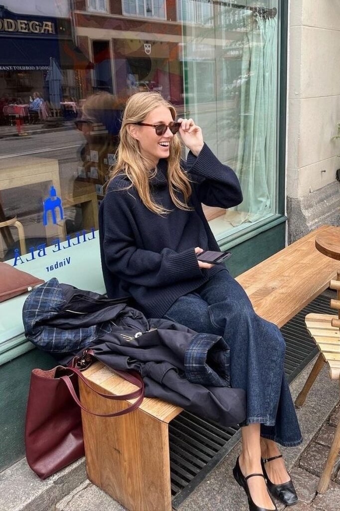Oversized Navy Turtleneck Sweater + Dark Wash Wide Leg Jeans + Black Mary Jane Flats