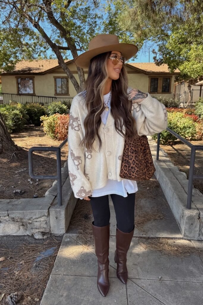 Oversized Patterned Cream Cardigan + White T-Shirt + Black Leggings + Brown Leather Boots