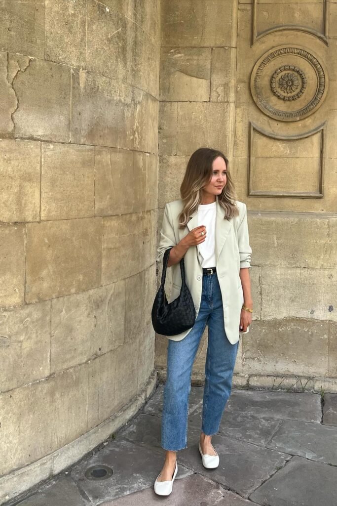 Oversized Sage Blazer + White T Shirt + Medium Wash Straight Jeans + White Ballet Flats