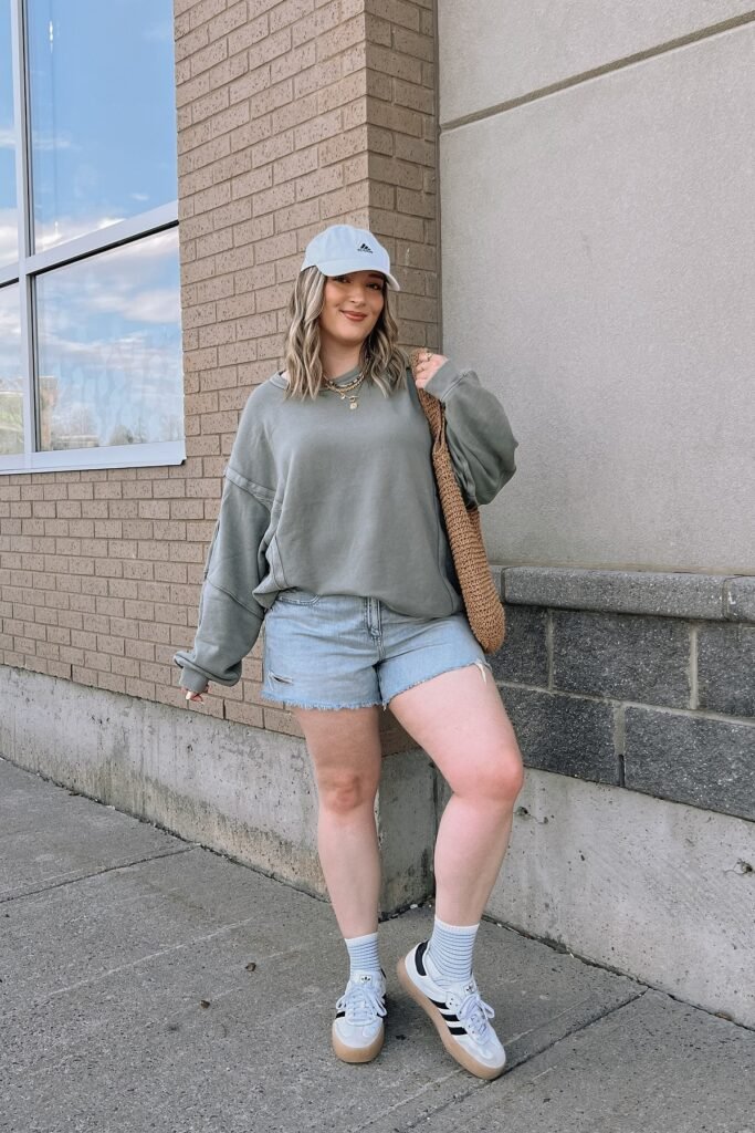 Oversized Sage Sweatshirt + Denim Shorts + White Adidas Samba Sneakers