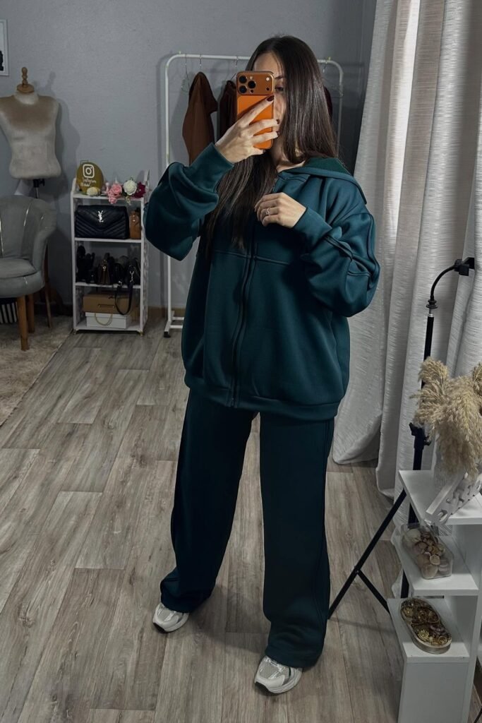 Oversized Teal Zip-Up Hoodie + Matching Teal Wide-Leg Sweatpants + White Athletic Sneakers
