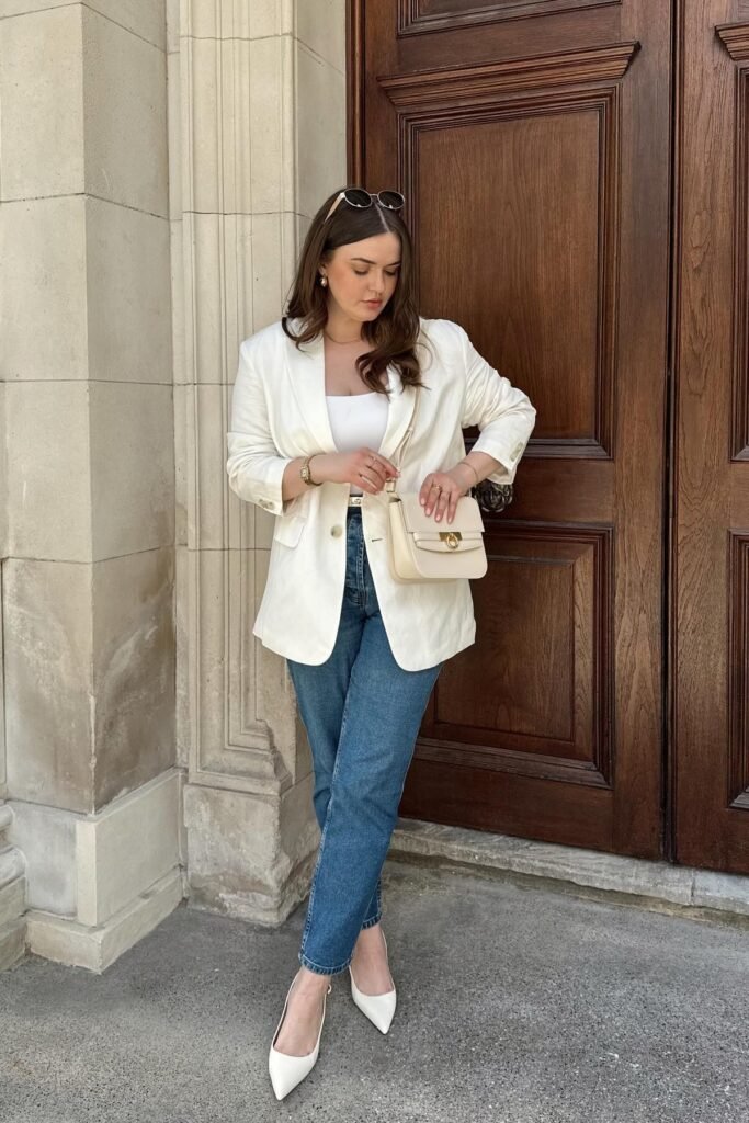 Oversized White Blazer + Straight Leg Blue Jeans + White Pointed Pumps