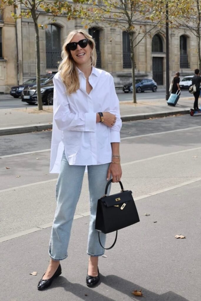 Oversized White Button Down Shirt + Light Wash Straight Jeans + Black Ballet Flats