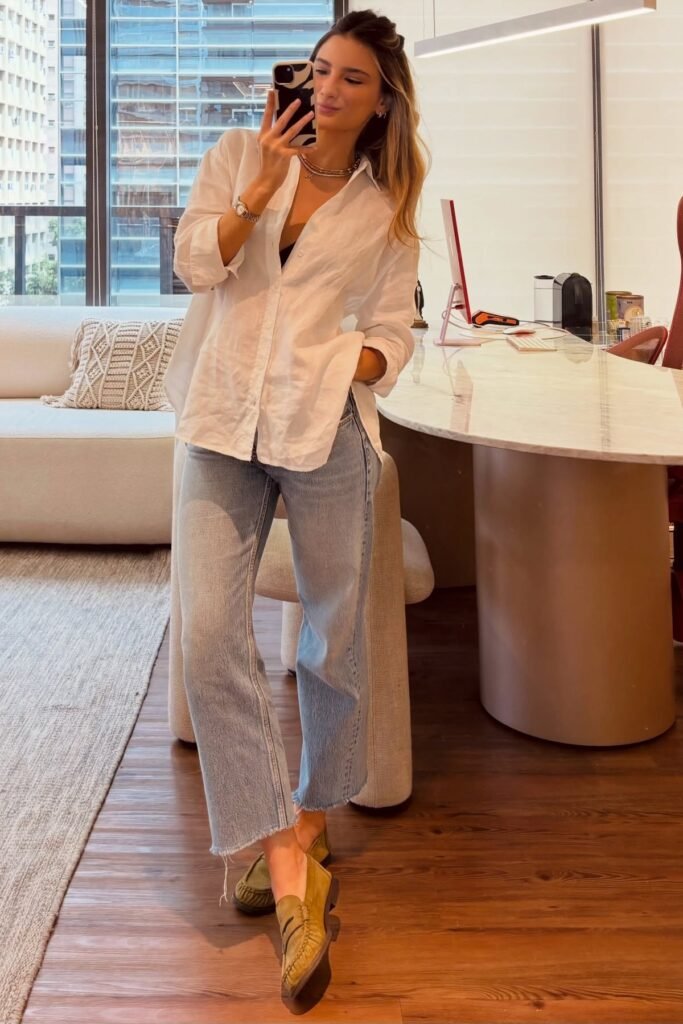 Oversized White Linen Shirt + Light Wash Raw-Hem Jeans + Olive Suede Loafers