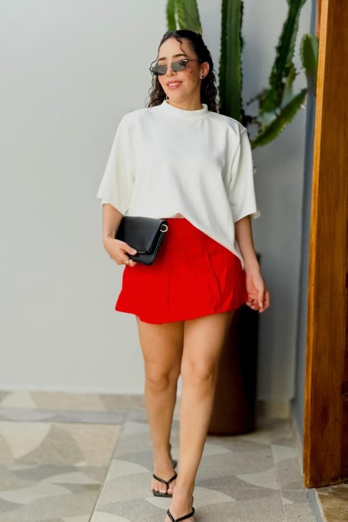 Oversized White Mock-Neck T-Shirt + Red Mini Skirt + Black Thong Sandals