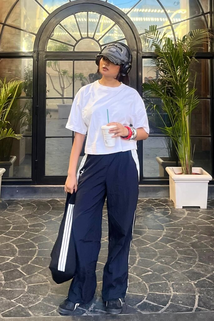 Oversized White T-Shirt + Navy Wide-Leg Track Pants + Black Sneakers