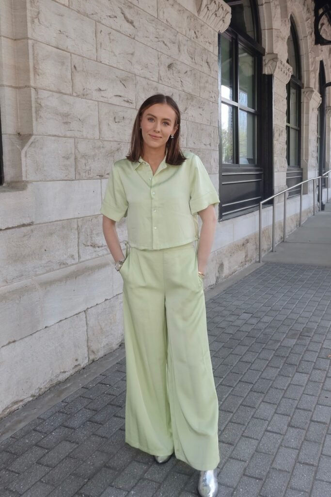 Pale Lime Satin Short-Sleeve Button-Up + Matching Wide-Leg Trousers + Silver Pointed-Toe Boots