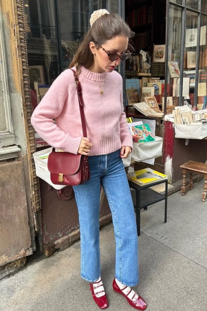 Pale Pink Crewneck Sweater + Light Wash Jeans + Red Strappy Flats with White Socks
