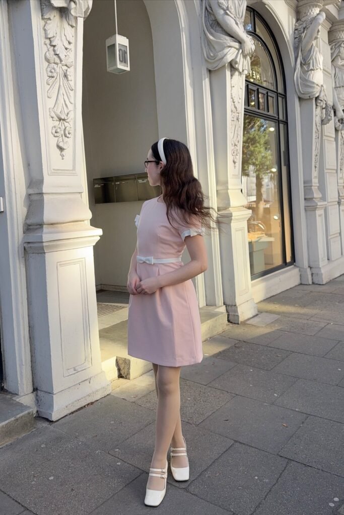 Pale Pink Mod Shift Dress + White Headband + White Double-Strap Mary Janes