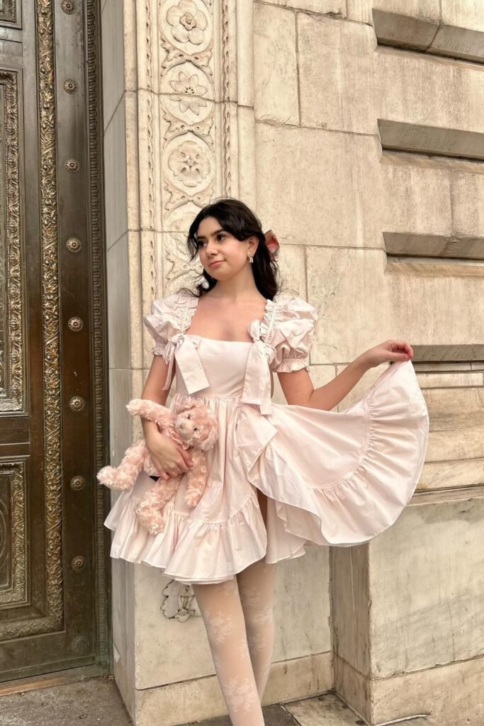 Pale Pink Puff Sleeve Mini Dress + Floral Patterned Tights + Pink Plush Bear