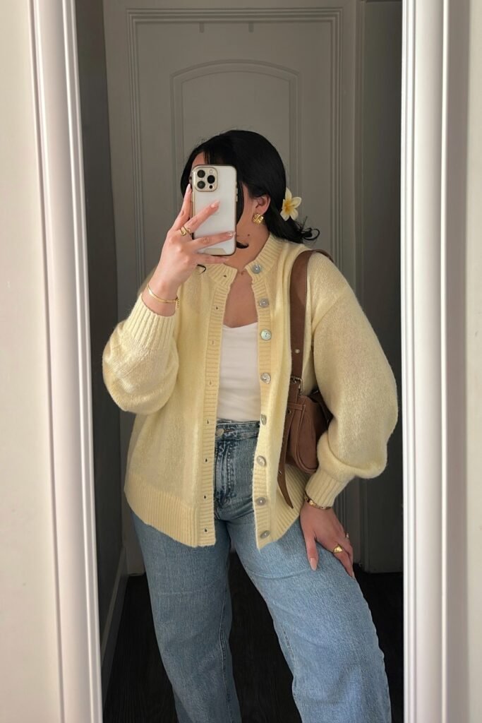 Pale Yellow Button-Up Cardigan + White Tank Top + Light Wash Jeans + Brown Shoulder Bag
