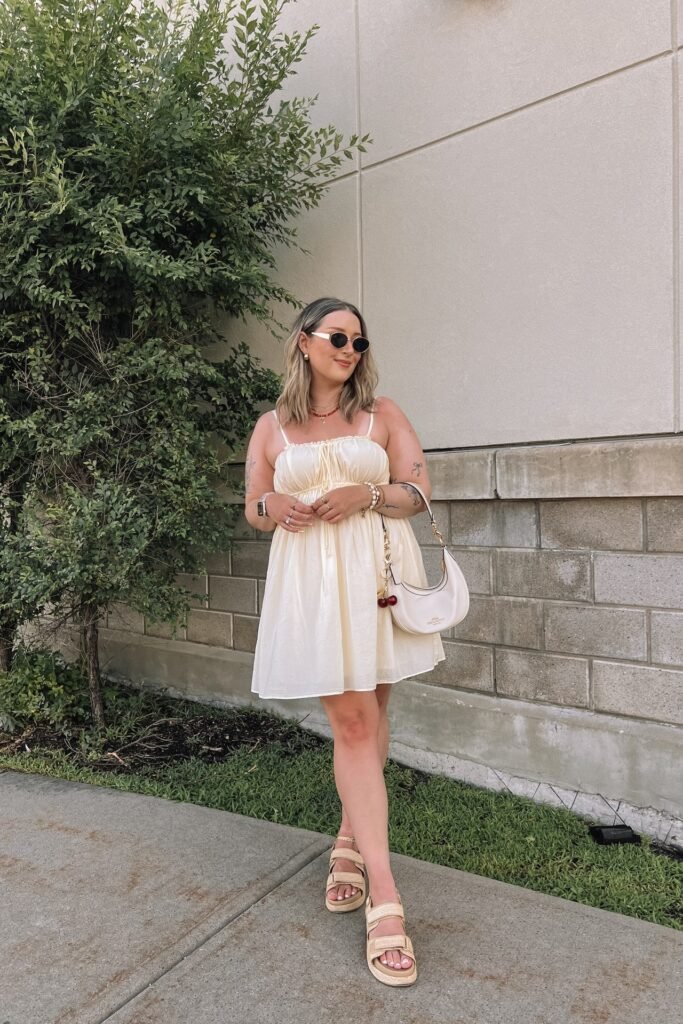 Pale Yellow Empire Waist Mini Dress + White Shoulder Bag + Beige Platform Sandals