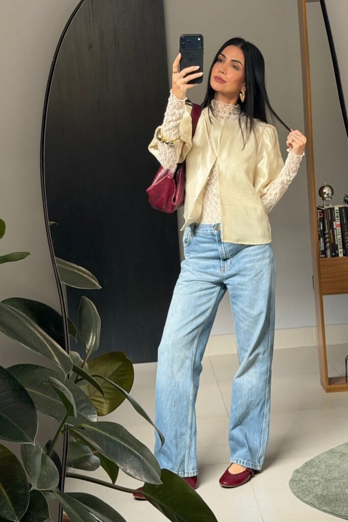 Pale Yellow Satin Shirt + White Lace Turtleneck Underlay + Light Wash Straight-Leg Jeans + Burgundy Ballet Flats