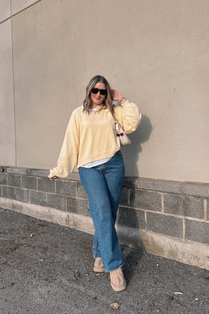 Pale Yellow Sweatshirt + Wide Leg Blue Jeans + Beige Platform Boots