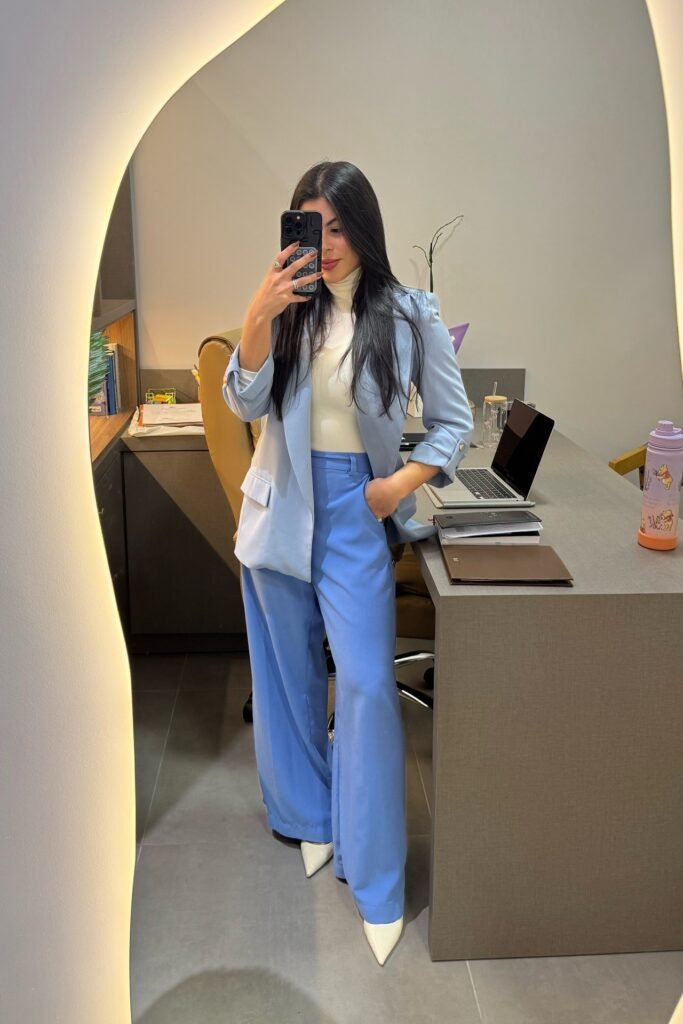 Pastel Blue Blazer + White Turtleneck + Bright Blue Wide-Leg Trousers + White Pointed Heels