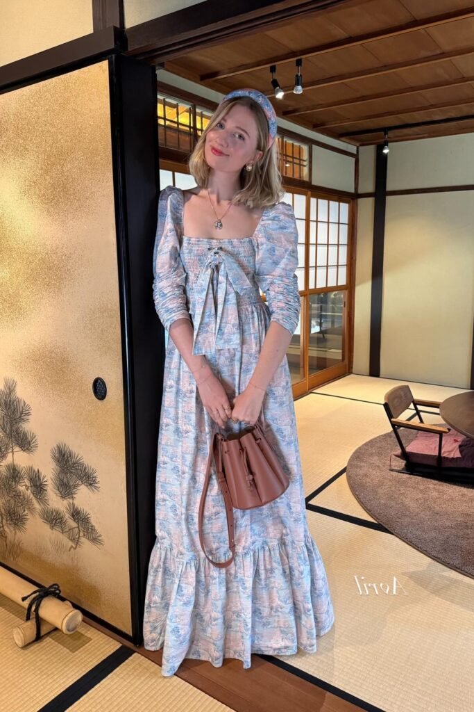 Pastel Blue Toile de Jouy Square-Neck Maxi Dress + Tan Leather Bucket Bag