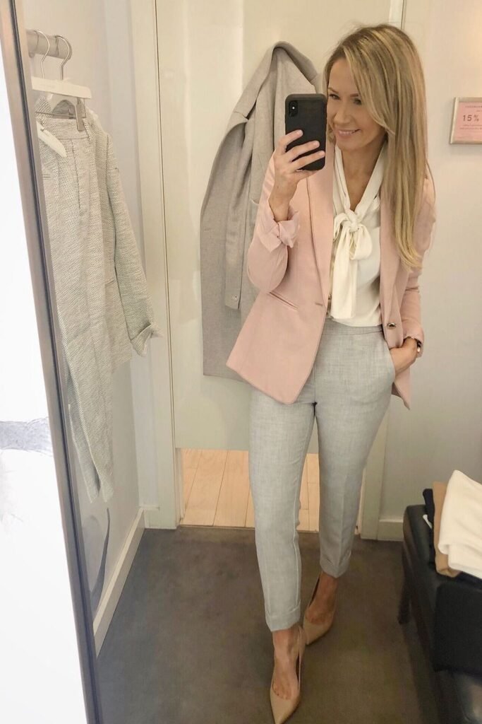 Pastel Pink Blazer + White Bow Tie Blouse + Grey Tailored Trousers + Nude Pointed Pumps