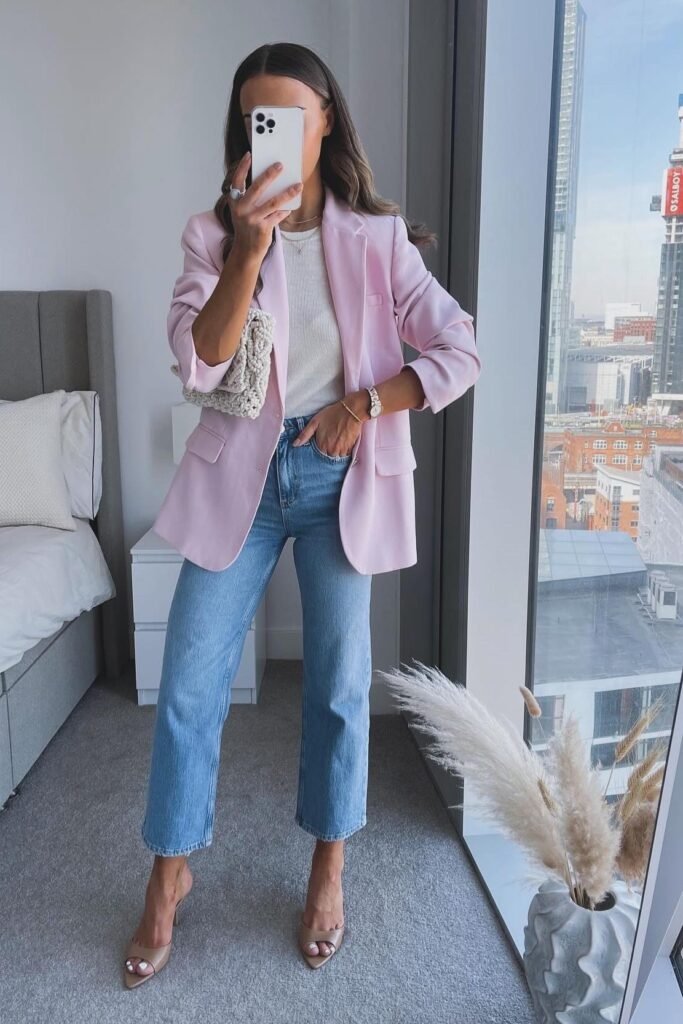 Pastel Pink Blazer + White Tee + Light Wash Cropped Jeans + Tan Heeled Sandals