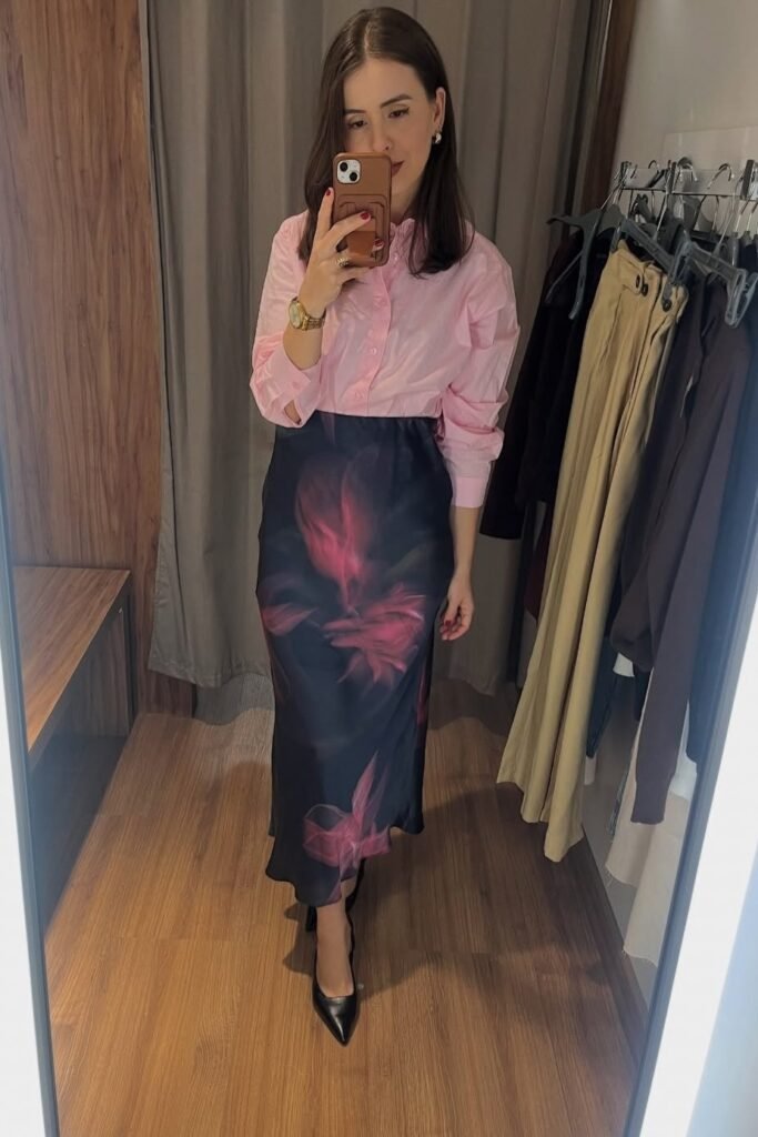 Pastel Pink Button-Down Shirt + Floral Print Satin Midi Skirt + Black Pointed-Toe Pumps