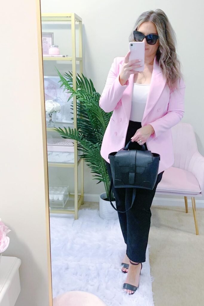 Pastel Pink Double-Breasted Blazer + White Bodysuit + Black Tapered Trousers + Black Strappy Heels