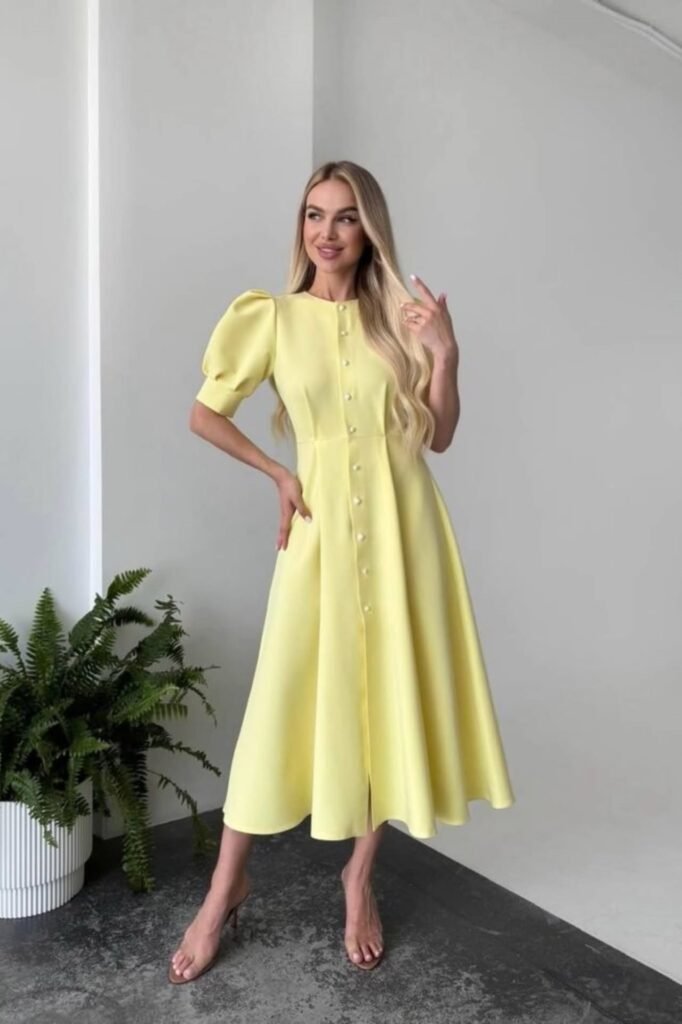 Pastel Yellow Puff-Sleeve Midi Dress + Pearl Buttons + Nude Heeled Sandals