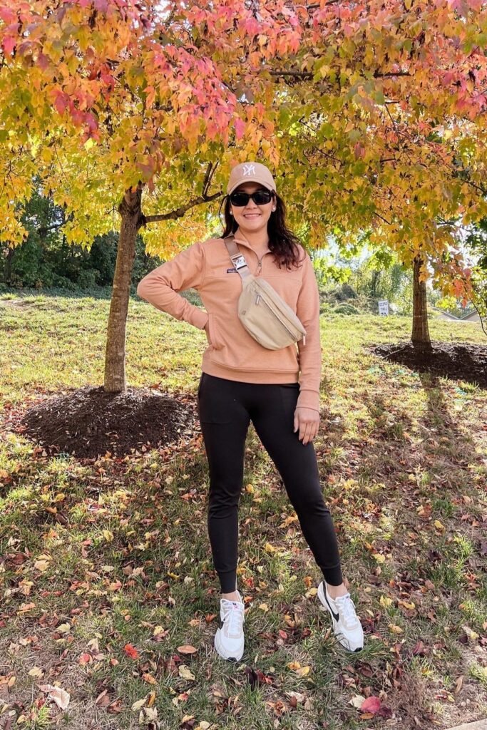 Peach Quarter-Zip Pullover + Black Joggers + White & Black Sneakers