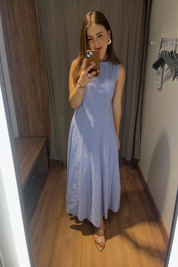 Periwinkle Blue Sleeveless A-Line Maxi Dress + Gold Strappy Sandals