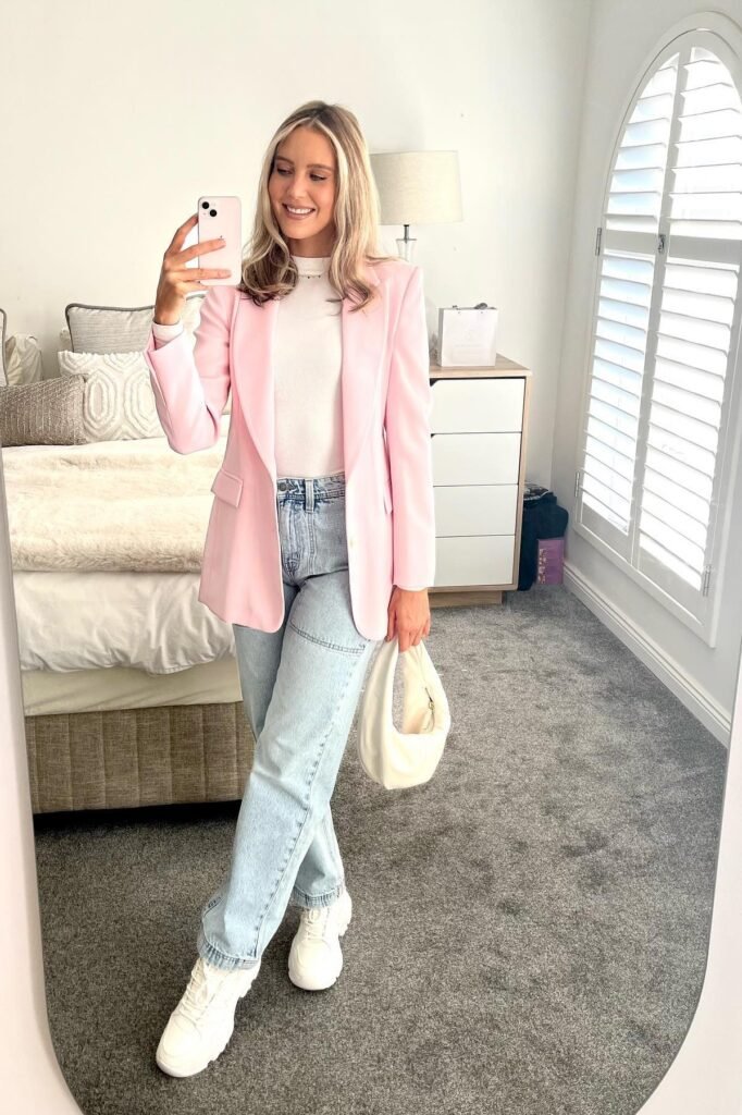 Pink Blazer + Light Wash Straight Jeans + White Chunky Sneakers