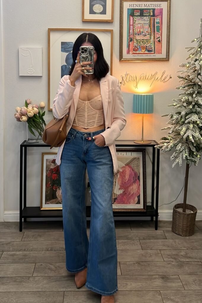 Pink Blazer + Nude Corset Top + Wide-Leg Blue Jeans + Tan Pointed Heels