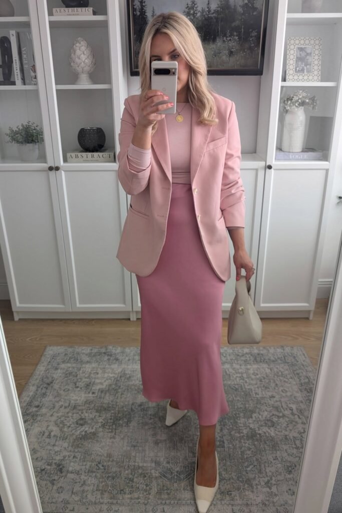 Pink Blazer + Pink Mock Neck Top + Rose Pink Satin Midi Skirt + White Pointed Heels