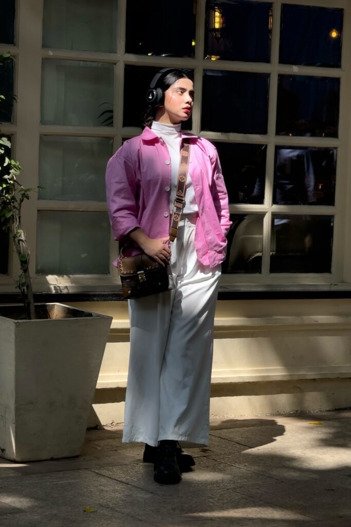 Pink Button Down Overshirt + White Turtleneck + White Wide Leg Pants + Black Boots