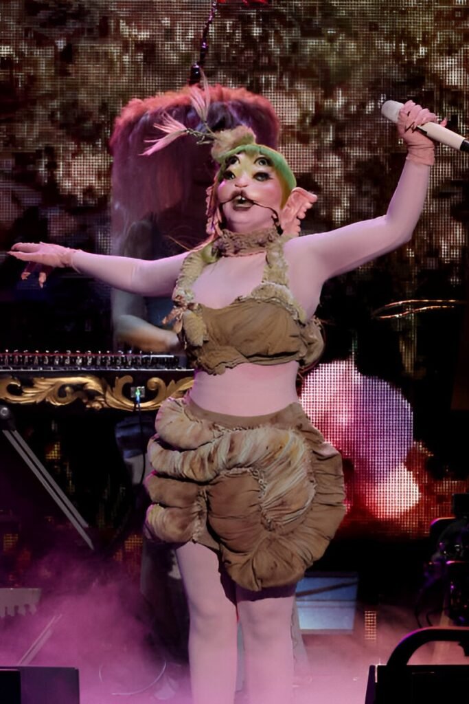 Pink Creature Bodysuit + Brown Textured Two-Piece Set + Pink Tights