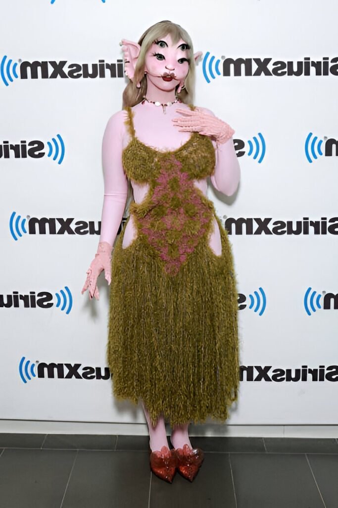 Pink Creature Bodysuit + Green Fringed Moss Dress + Red Crystal Heels